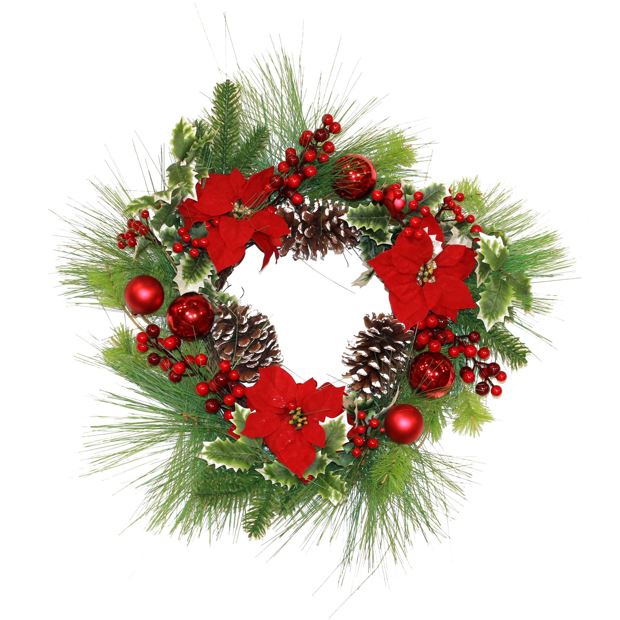 24" Artificial Poinsettia Pine Cone Ball Berries Christmas Front Door Natural Twig Base Wreath